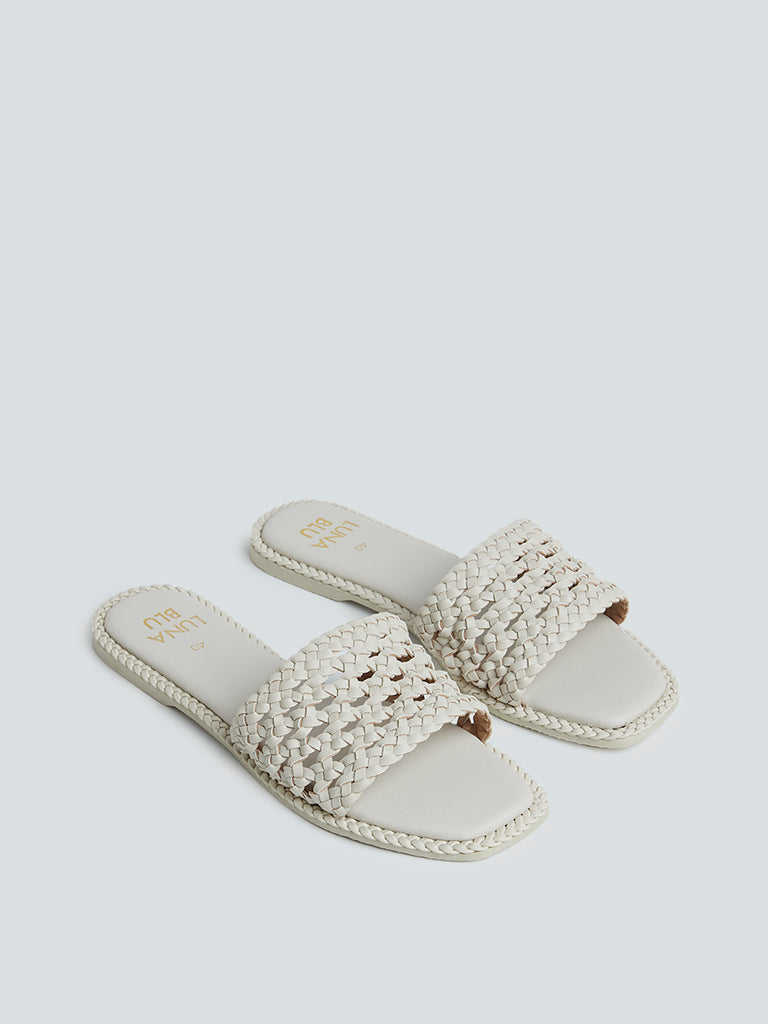 LUNA BLU Light Beige Weave Detail Slides